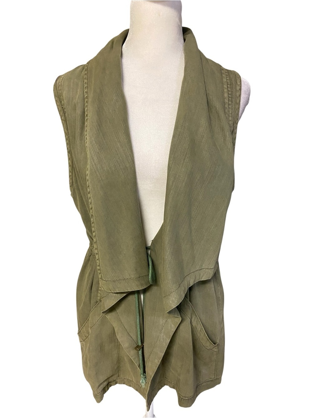 LAJU Ladies Olive Green Draped Waterfall Open Front Utility Vest Size L Casual